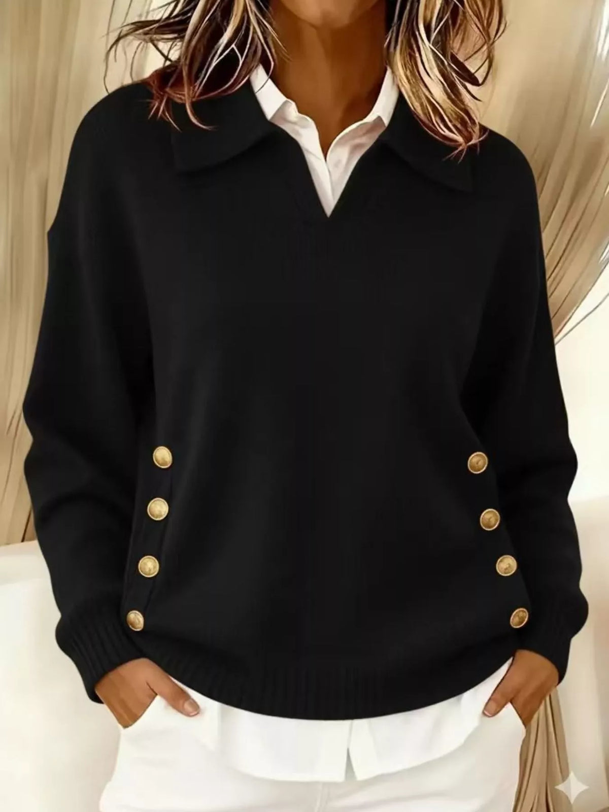 Plus Size Decorative Button Dropped Shoulder Sweater