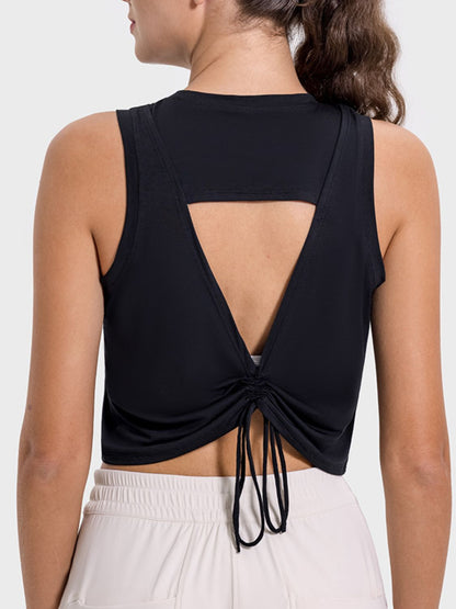 Drawstring Cutout Round Neck Active Tank - MONLANE