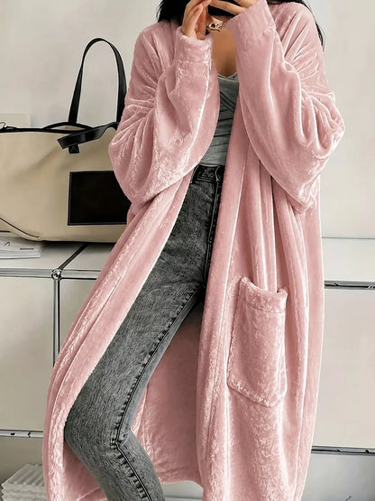 Plus size velvet open-front longline cardigan with pockets