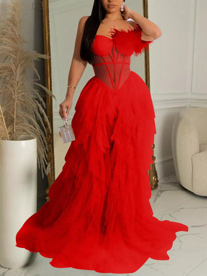 Tiered sheer tulle corset dress for formal occasions