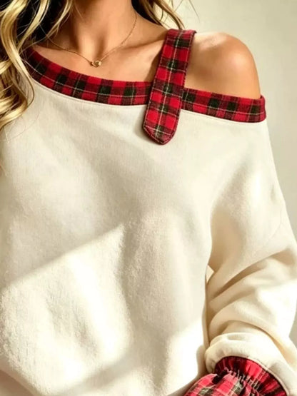 Plus Size Cold-Shoulder Plaid Patchwork Long Sleeve Top