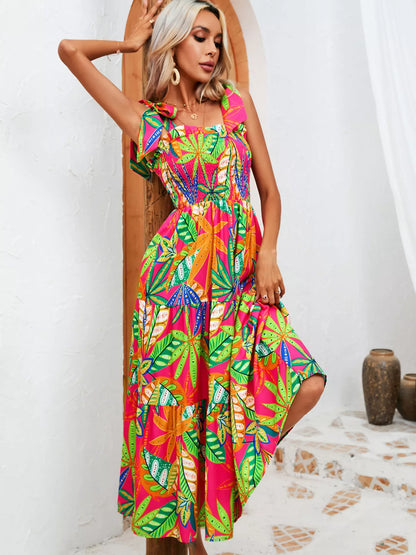 Tropical Print Smocked Tie-Strap Dress