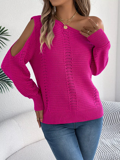 Cold-shoulder openwork knit sweater in 3 colors