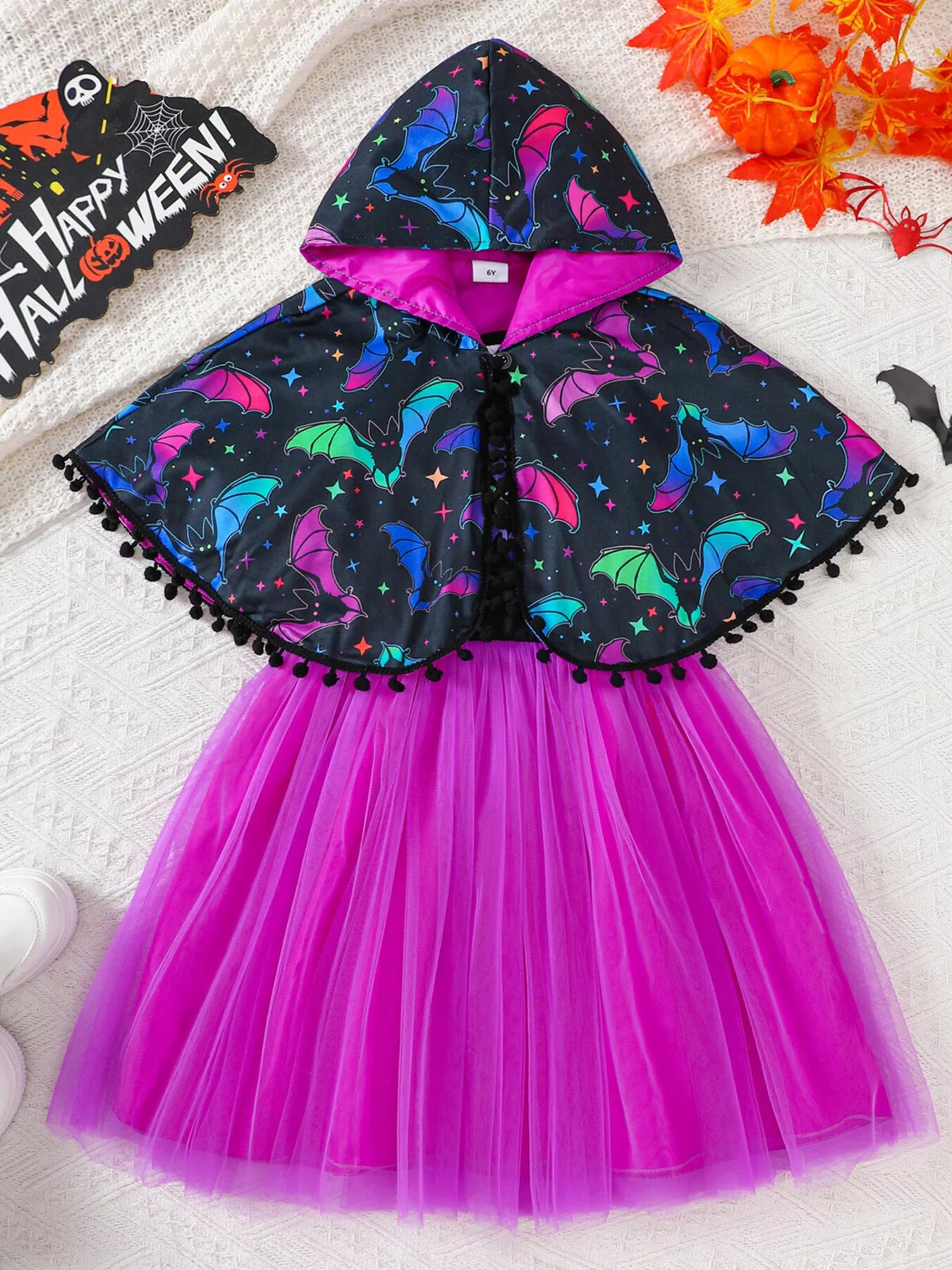 Children's Halloween Bat Hooded Cape and Tulle Dress Set