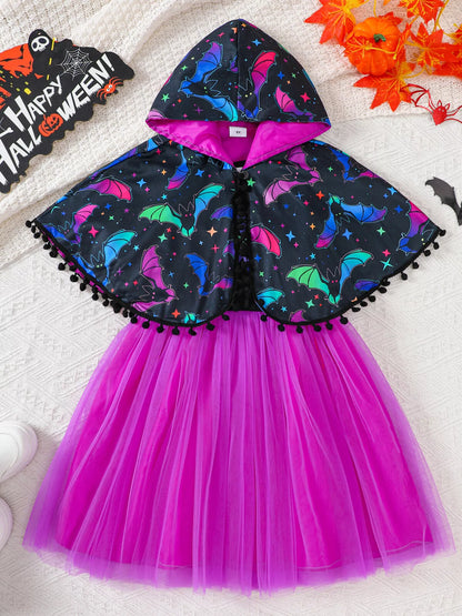 Children's Halloween Bat Hooded Cape and Tulle Dress Set