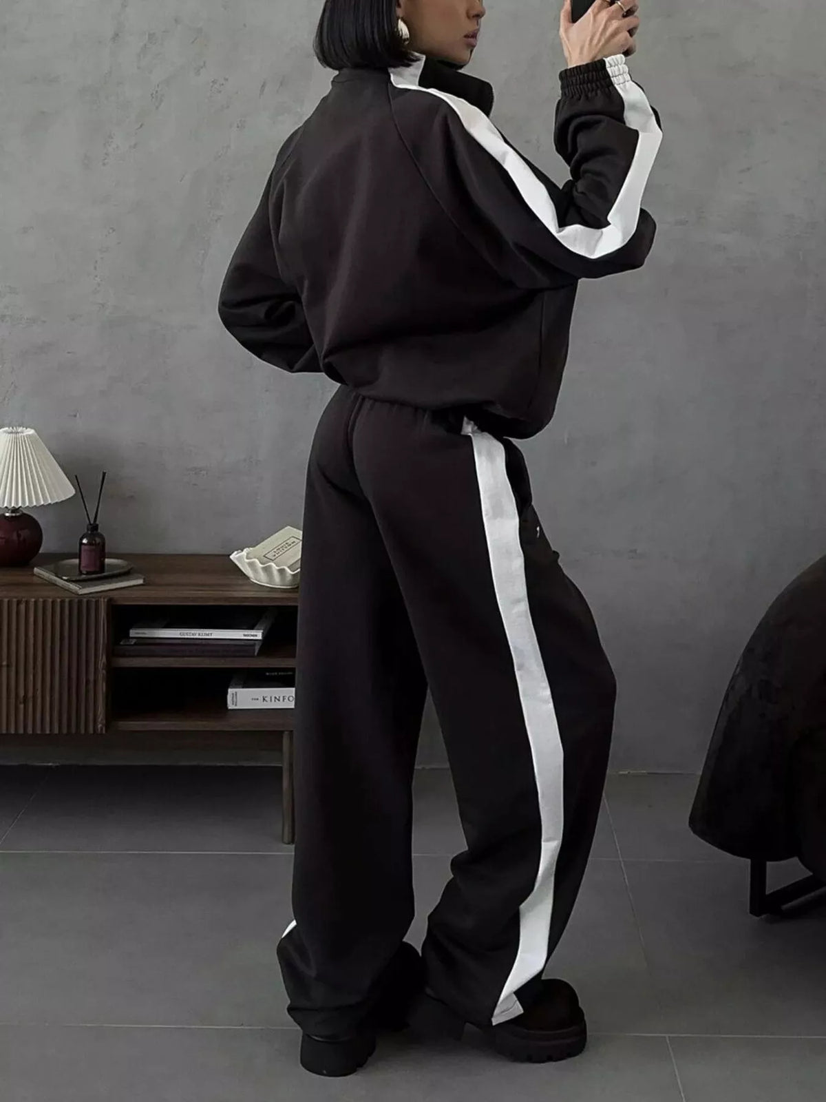 Contrast Side Stripe Zip Up Top and Pants Set