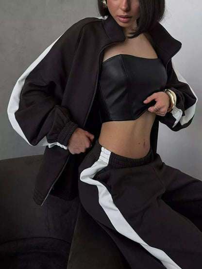 Contrast Side Stripe Zip Up Top and Pants Set
