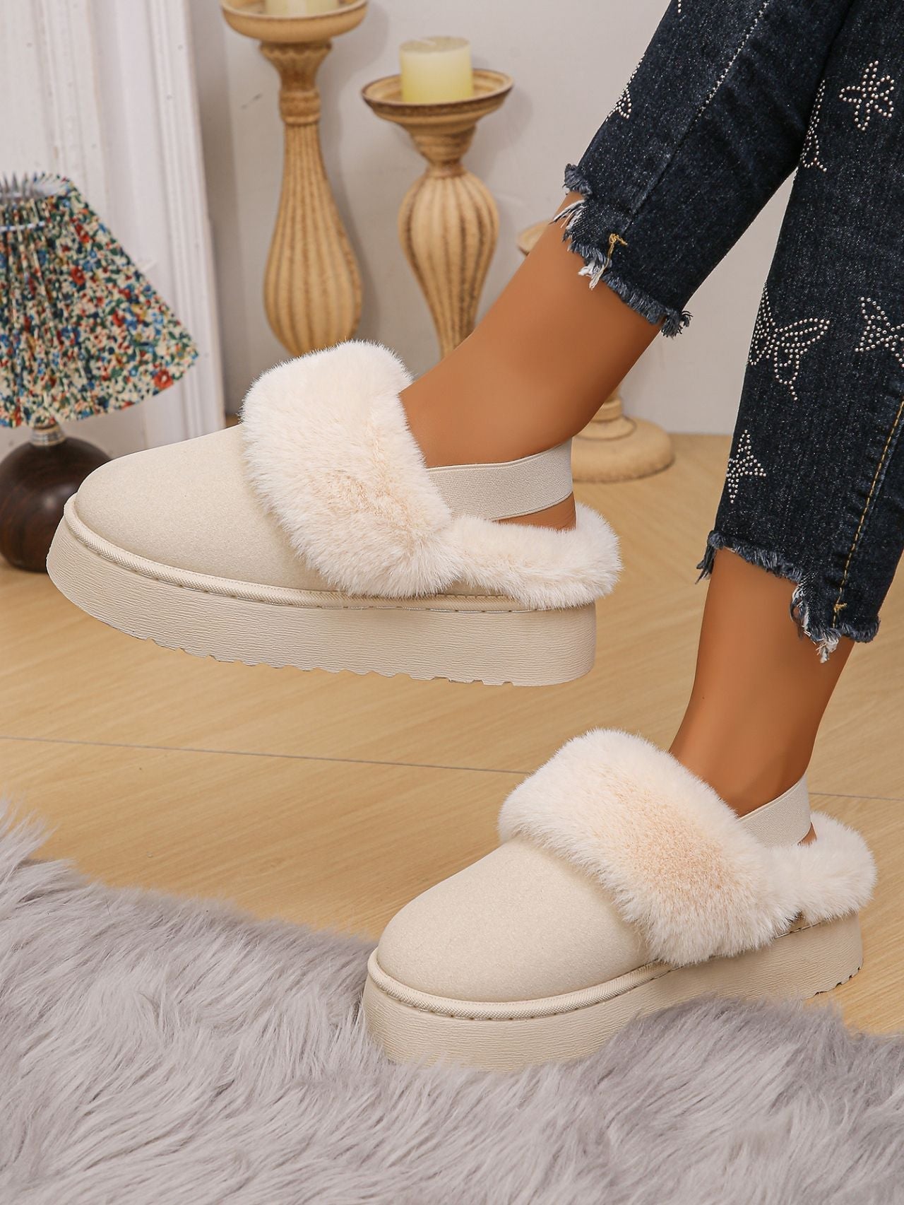 Fur Round Toe Platform Slippers