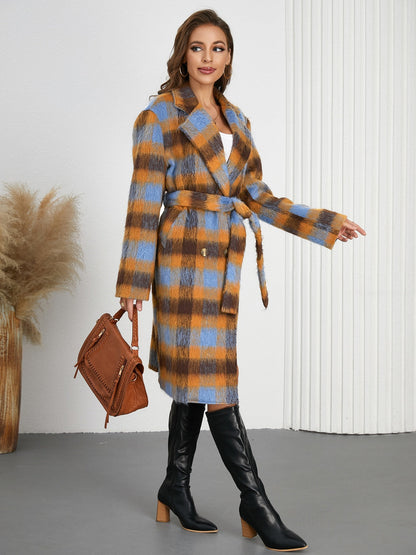 Tied Plaid Collared Coat