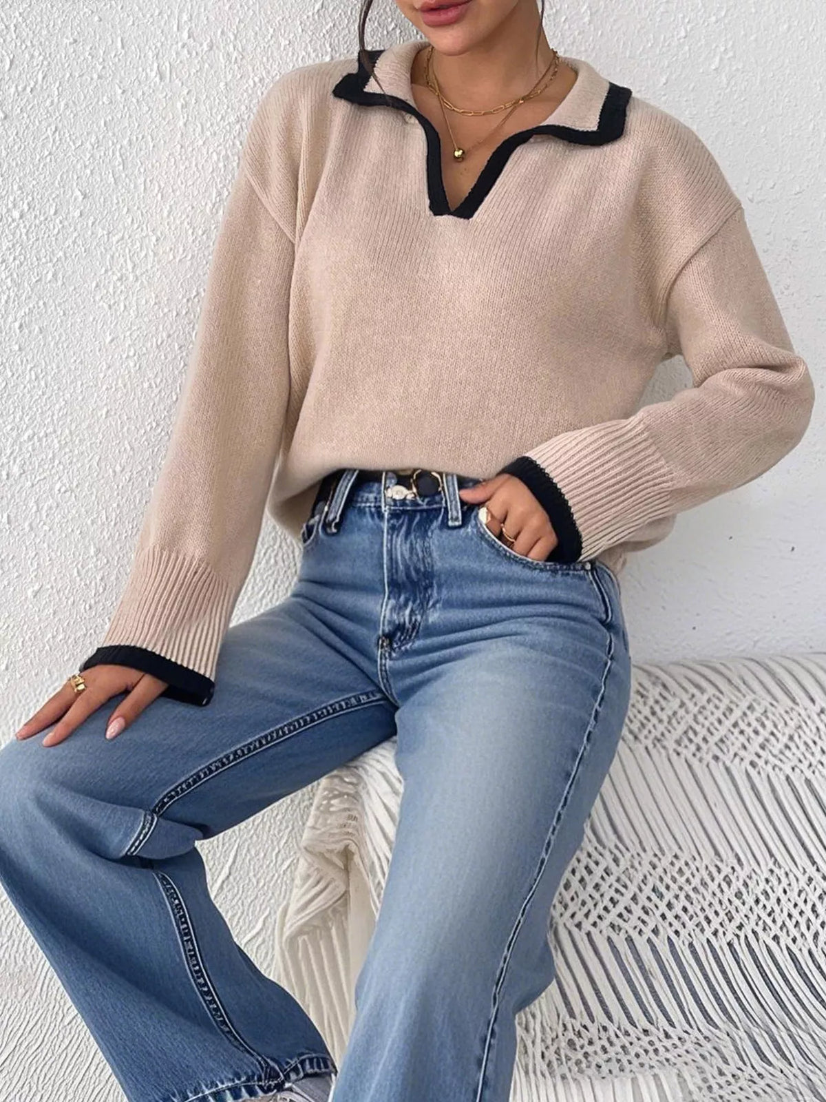 Contrast Trim Polo Collar Sweater