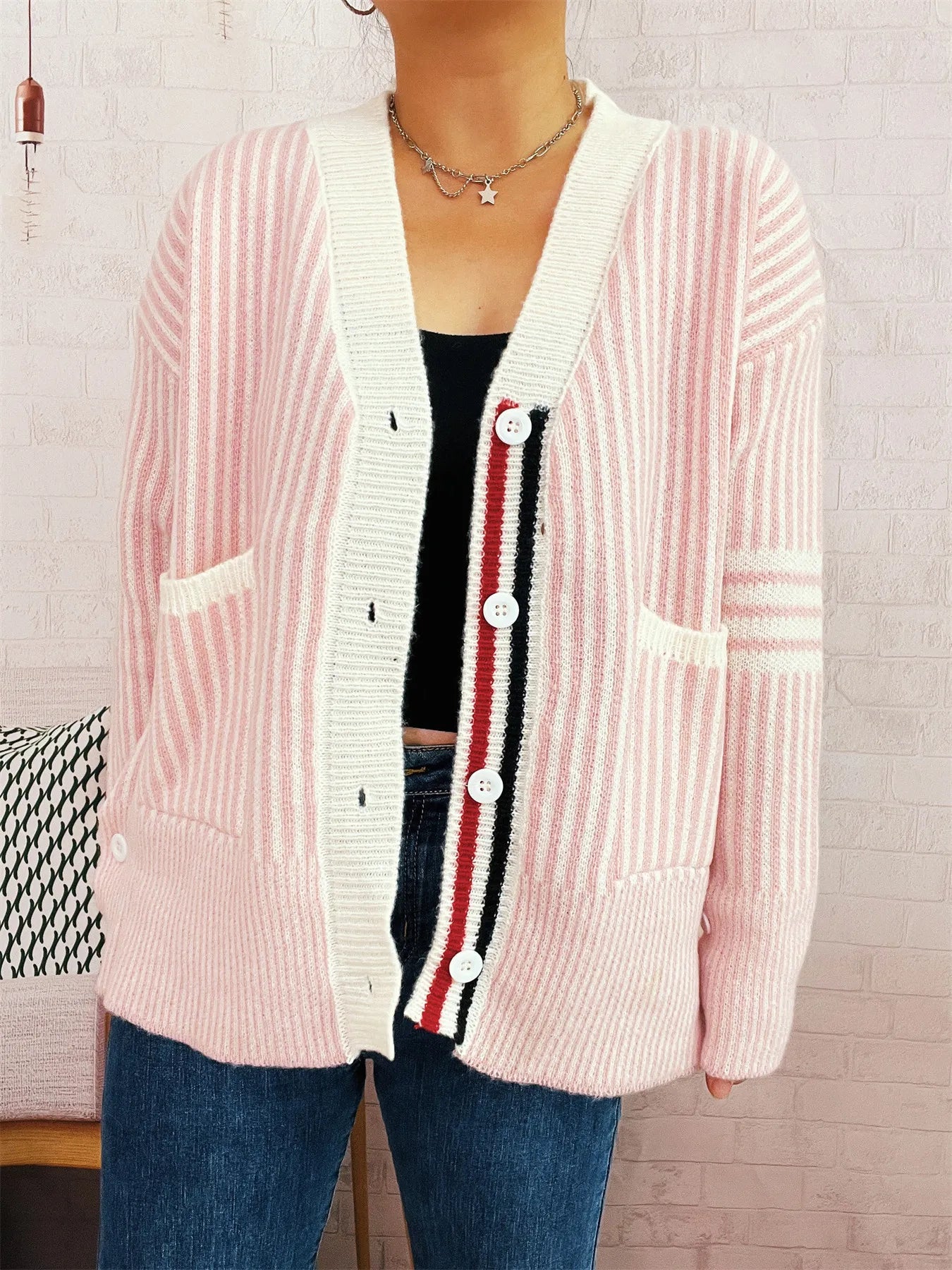 Striped Cardigan with Contrast Trim