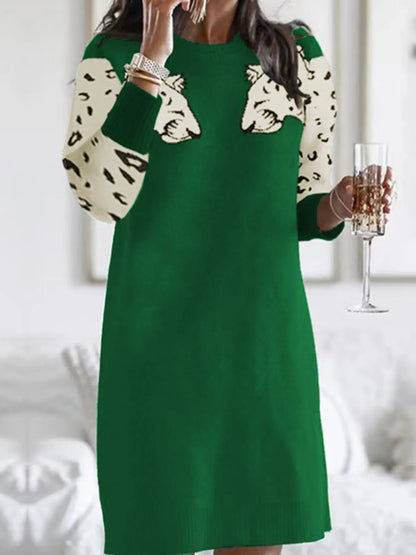 Leopard Round Neck Sweater Dress