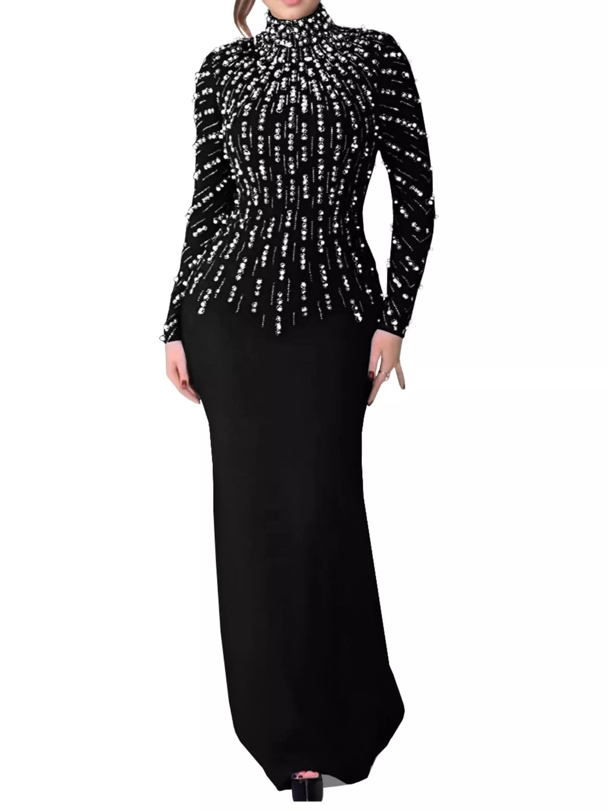 Pearl Detail Mock Neck Maxi Dress