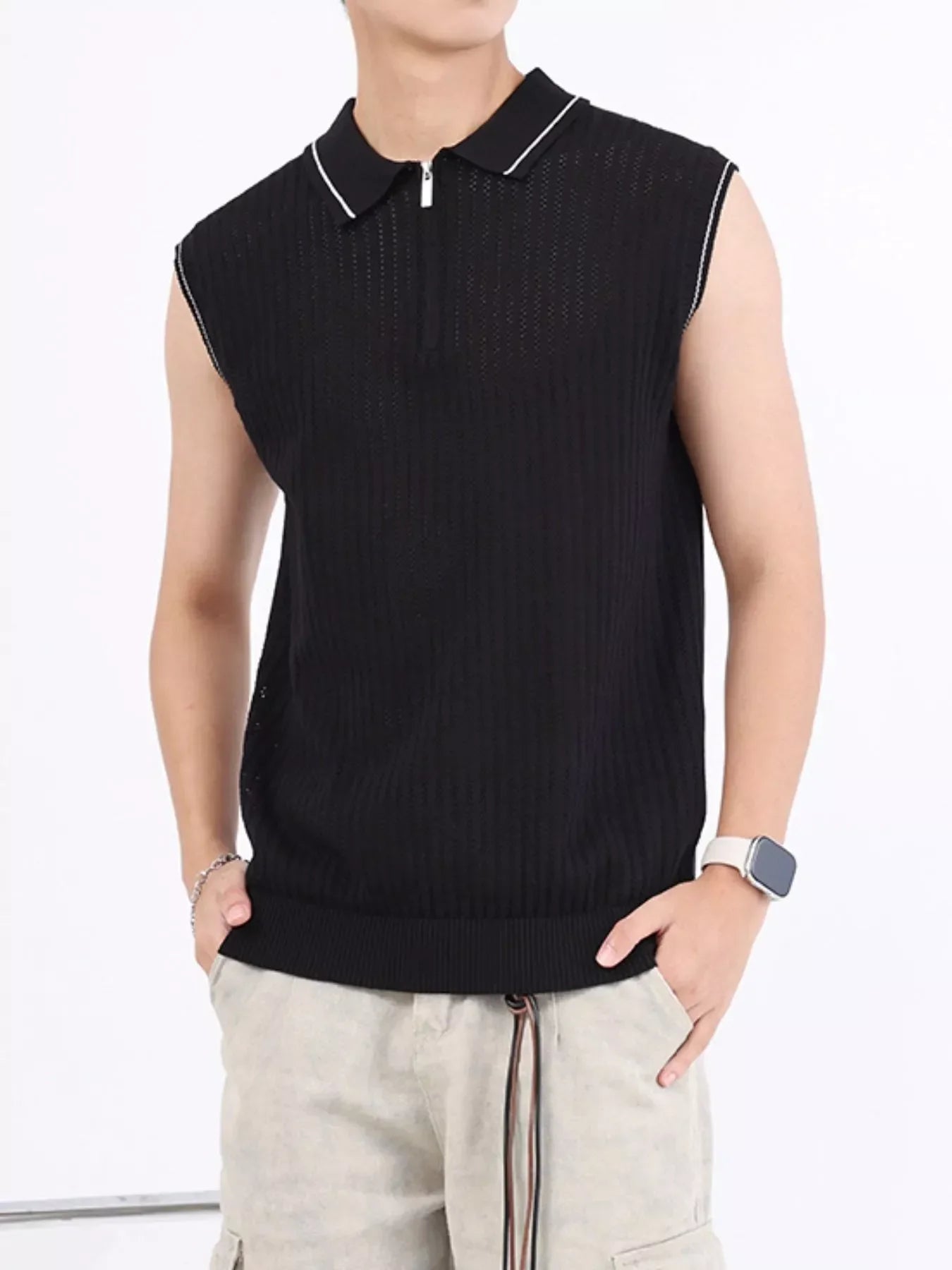 Men's Plus Size Knitted Polo Collar Zip-Up Sleeveless Top
