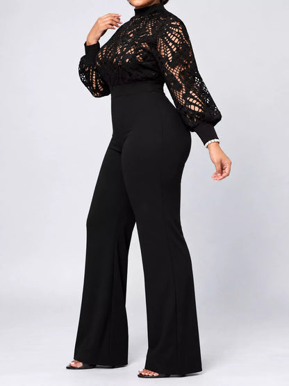 Plus Size Lace Lantern Sleeve Flare Jumpsuit