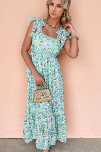 Square Neck Lace Detail Floral Dress