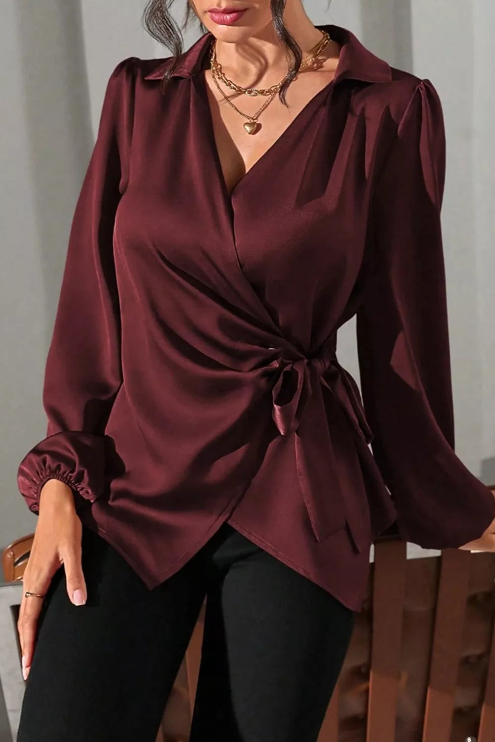 Satin Tied Detail Long Sleeve Blouse