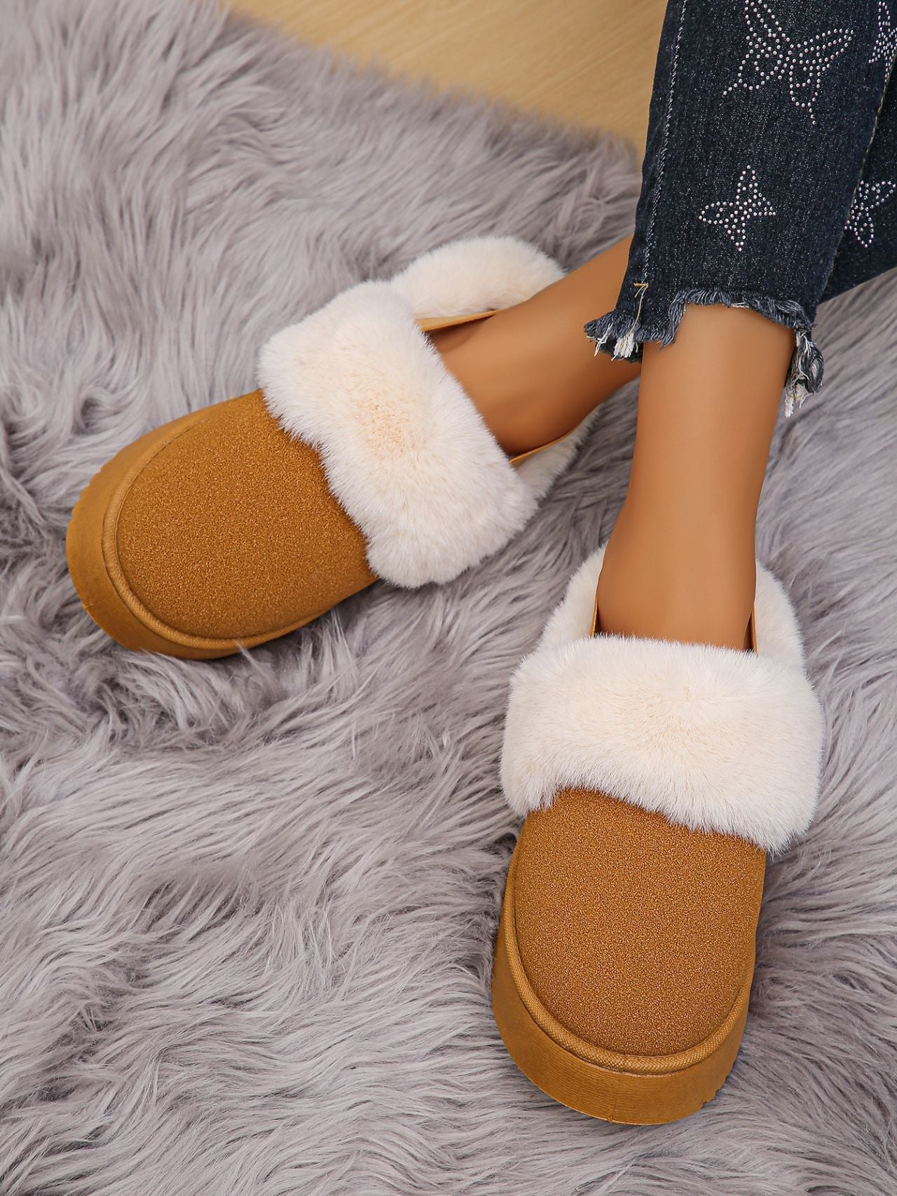 Fur Round Toe Platform Slippers