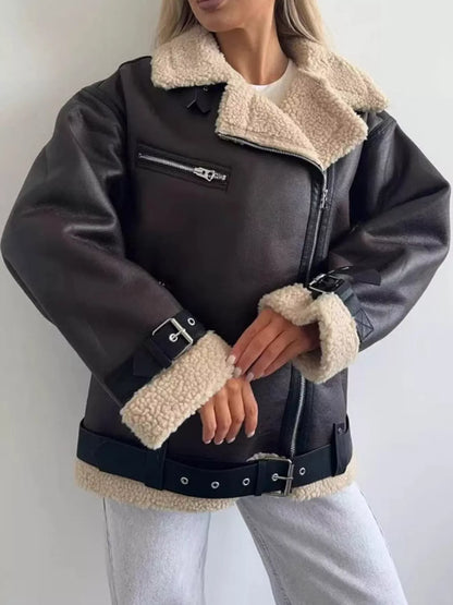 Plus size faux leather zip-up jacket with belt, dark brown