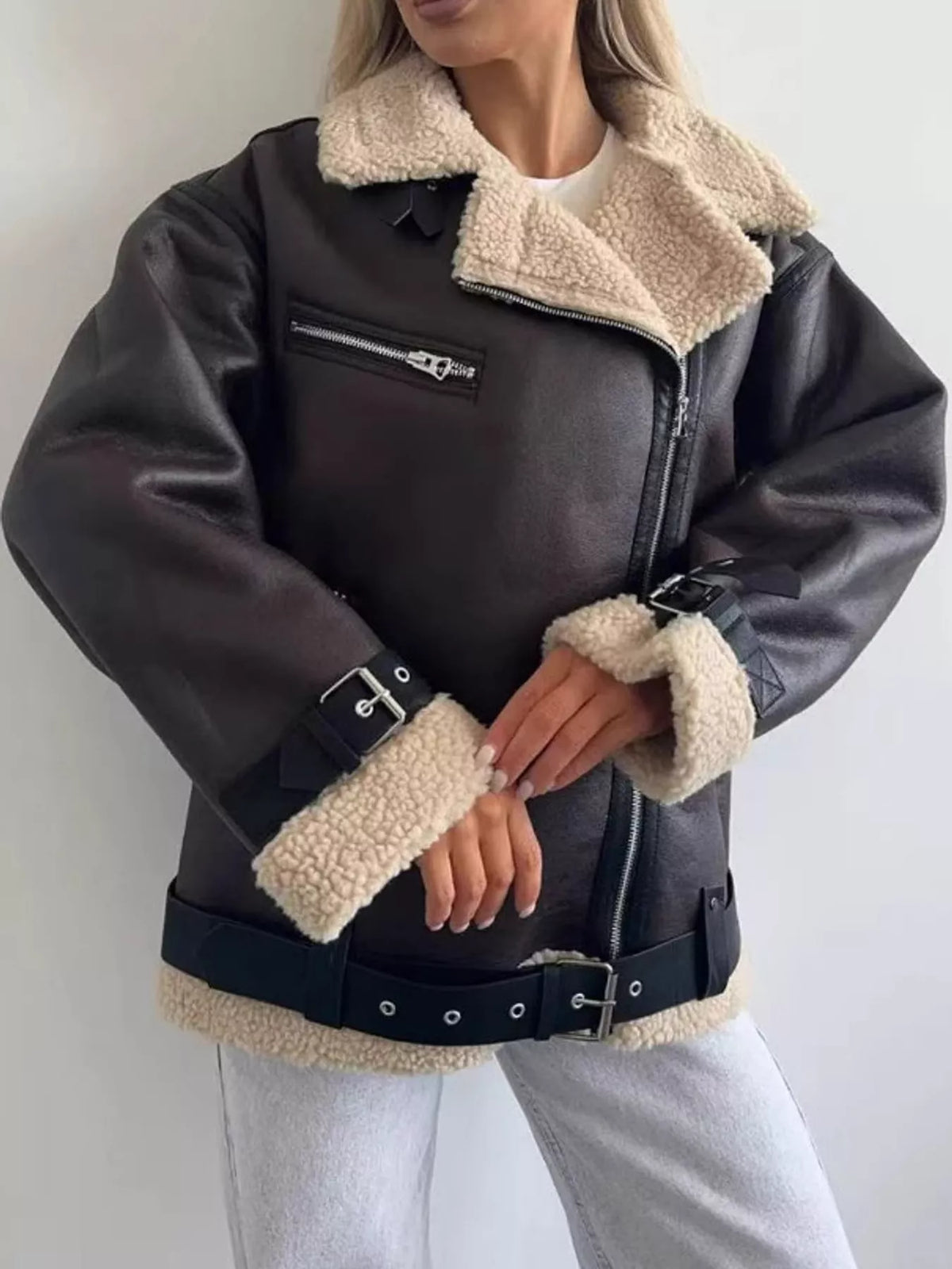 Women's dark brown asymmetric faux leather jacket with belt