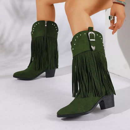 Fringe Round Toe Block Heels Boots