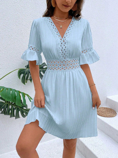 V-Neck Flounce Sleeve Mini Dress
