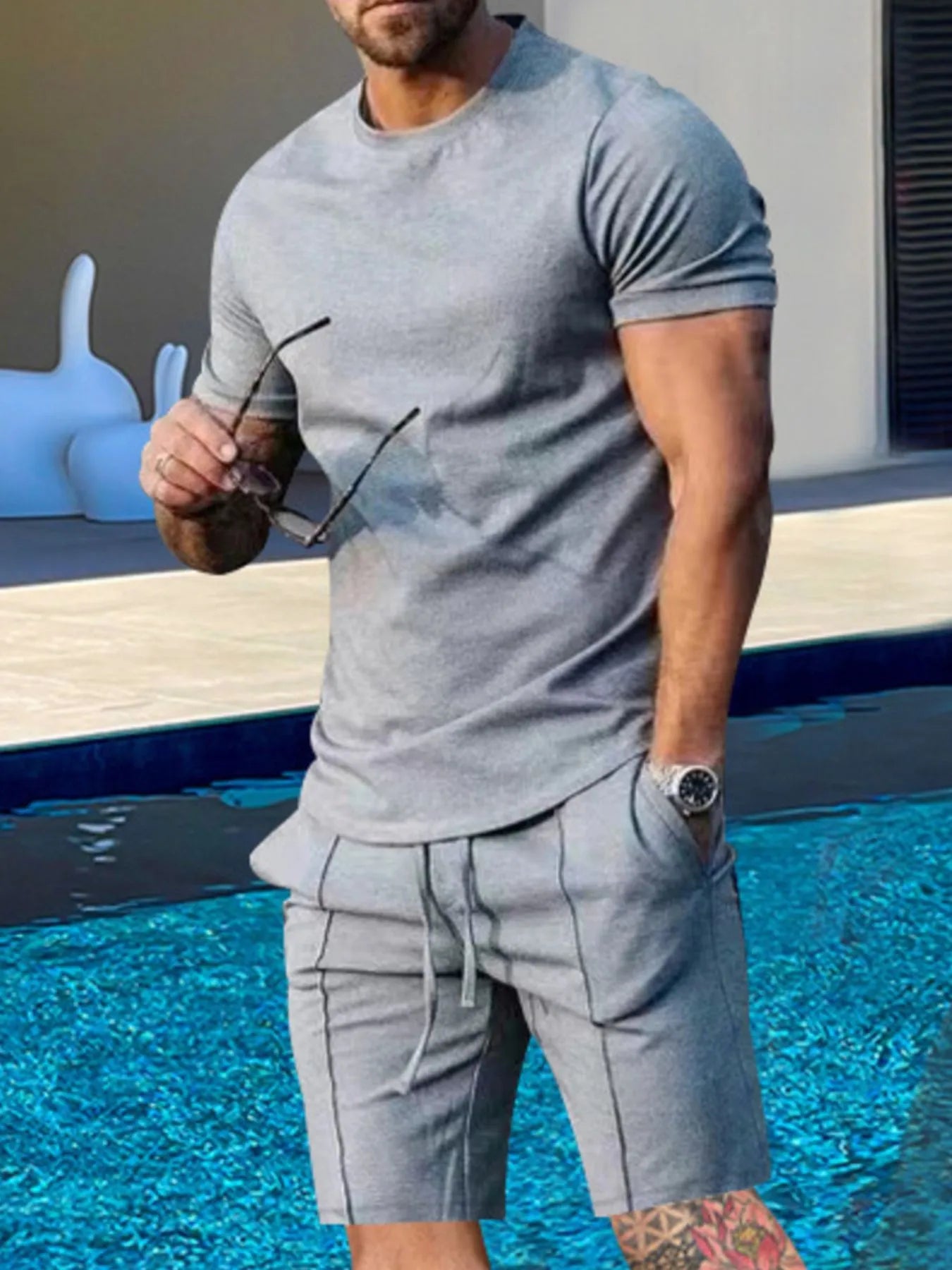 Men's Round Neck Short Sleeve Top and Shorts Set