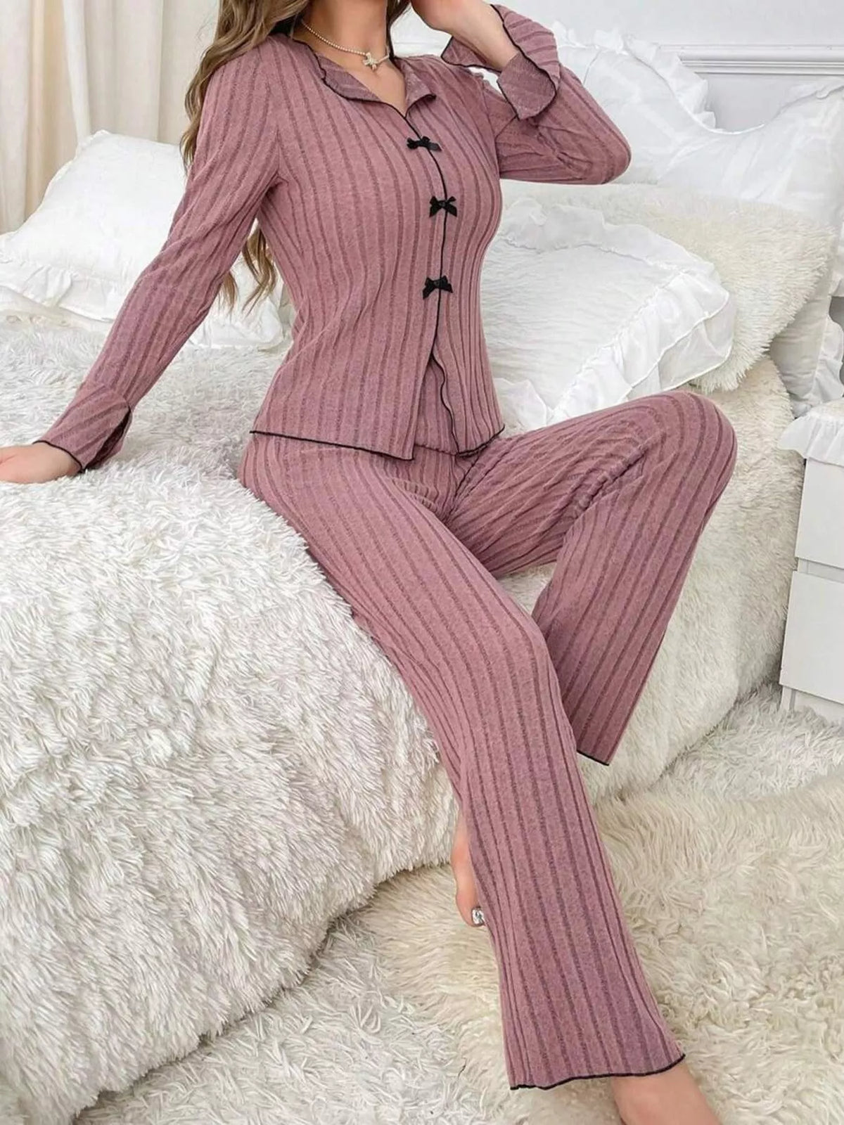 Contrast Bow Detail Top and Pants Lounge Set