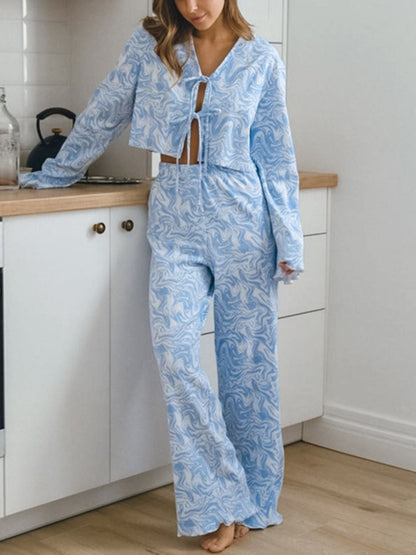 Tie Front Long Sleeve Top and Pants Lounge Set