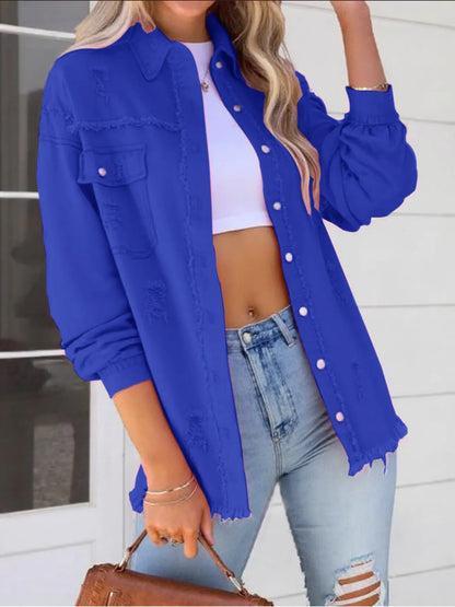 Distressed Denim Jacket with Frayed Edges