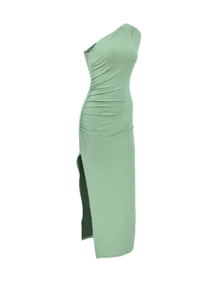 One-Shoulder Ruched Bodycon Slit Dress