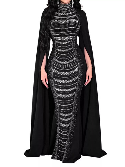 Rhinestone Slit Flare Sleeve Cape Maxi Dress