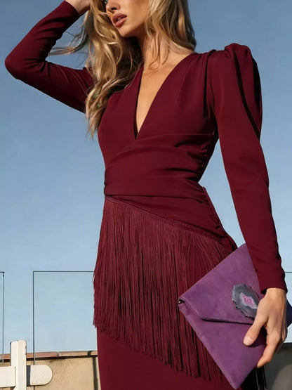 Plus Size Fringed V-Neck Puff Sleeve Party Dress