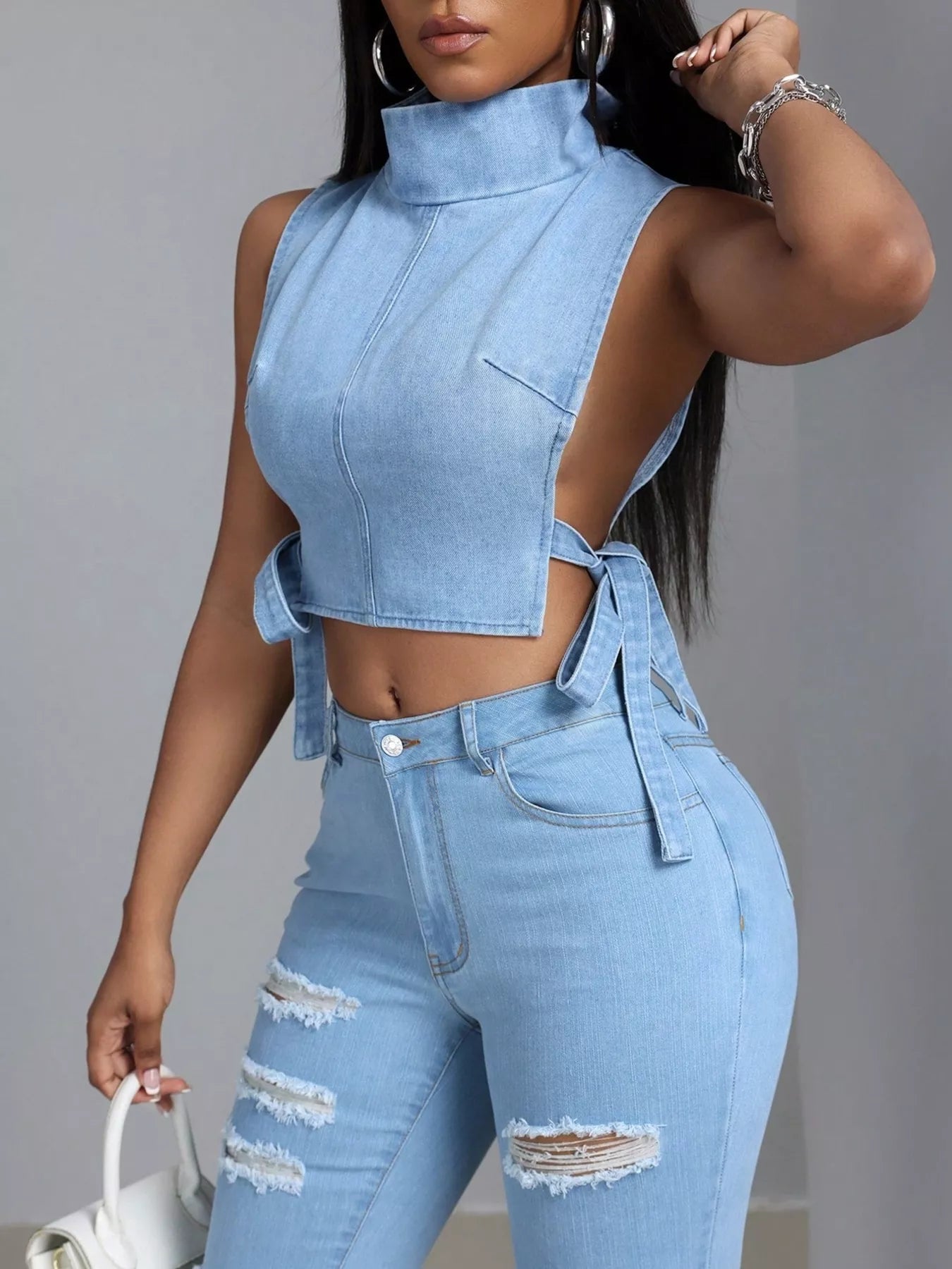Sleeveless Cropped Denim Turtleneck