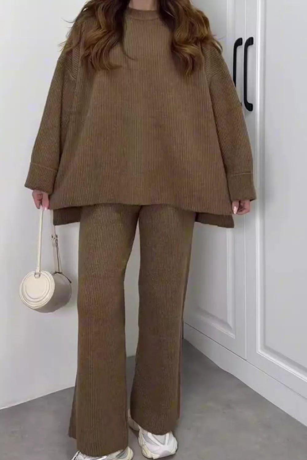 Dropped Shoulder Knit Sweater and Wide Leg Pants Set