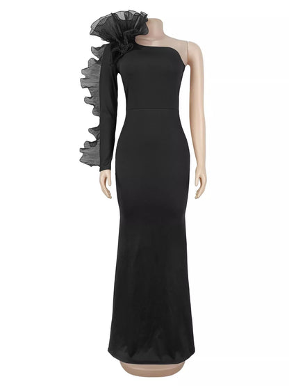 One-Shoulder Ruffled Mermaid Evening Maxi Dress