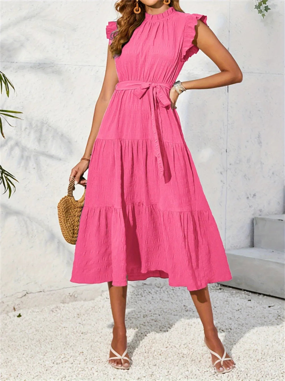 Ruffled Cap Sleeve Midi Mock Dress