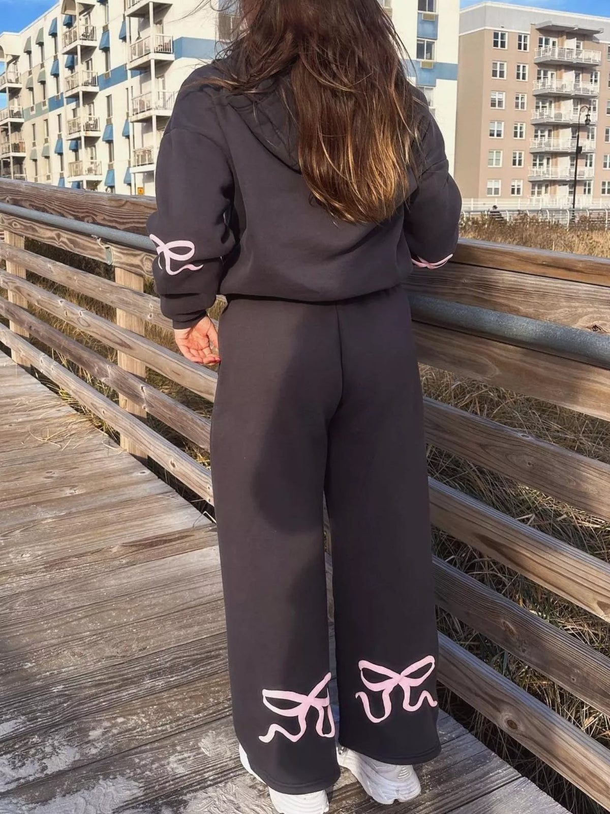 Bow and Heart Dropped Shoulder Hoodie and Pants Set