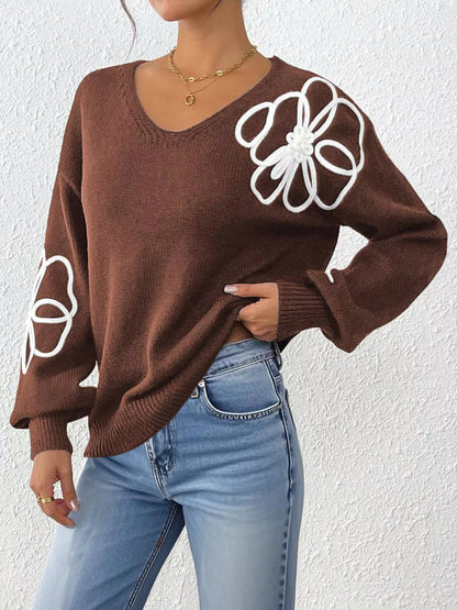 Flower V-Neck Dropped Shoulder Sweater