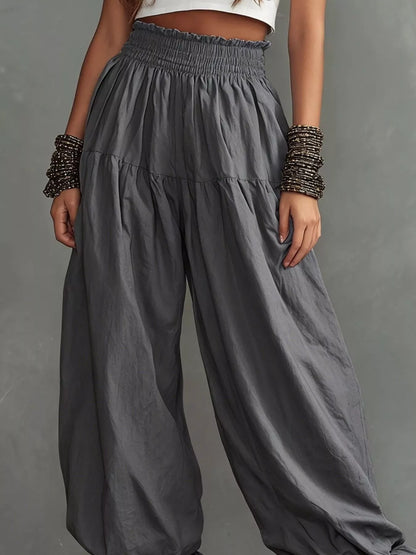 Full Size Smocked Ruffle Hem Wide Leg Pants Plus Size