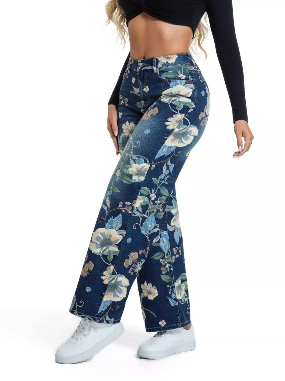 Plus size floral wide-leg jeans, view 4