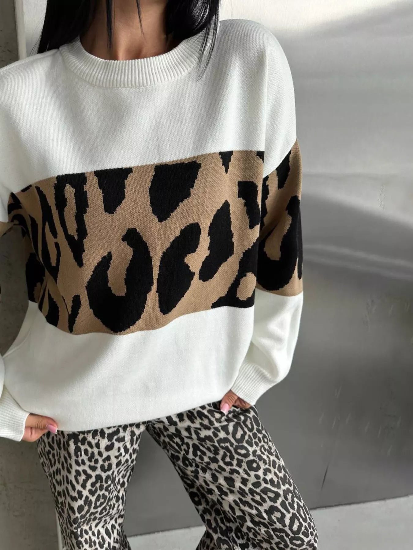 Leopard Color Block Round Neck Sweater