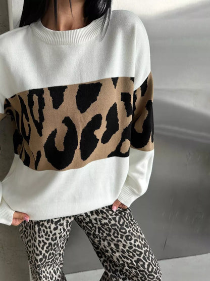 Leopard Color Block Round Neck Sweater