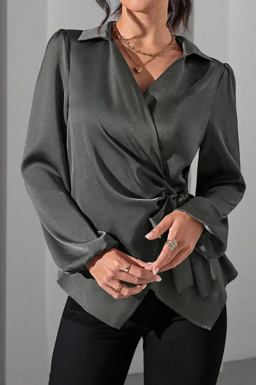 Satin Tied Detail Long Sleeve Blouse