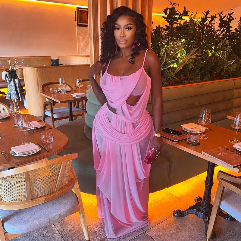 Mesh splicing perspective suspender top dress set
