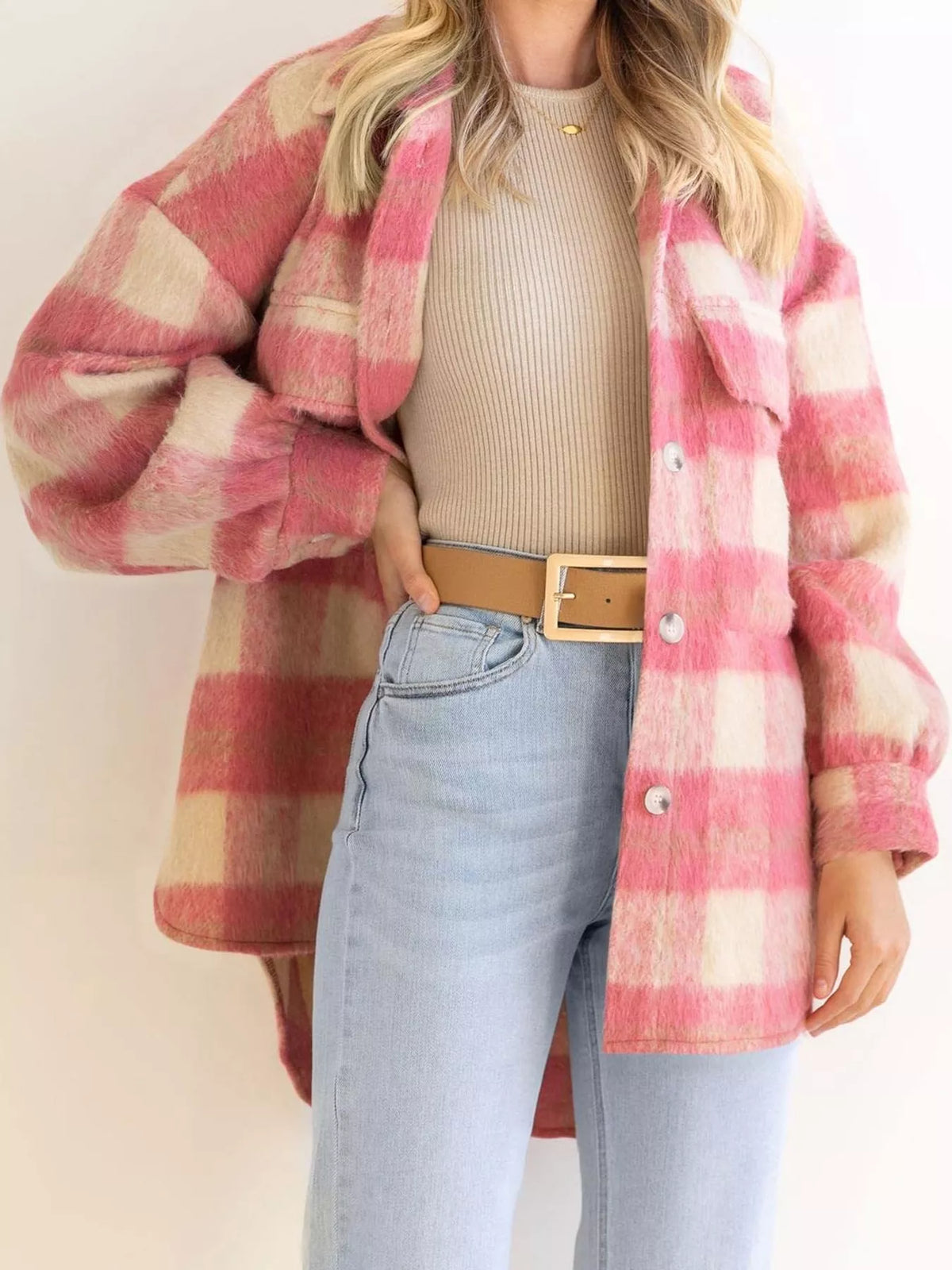 Women's plaid button-down jacket with pockets, mohair blend