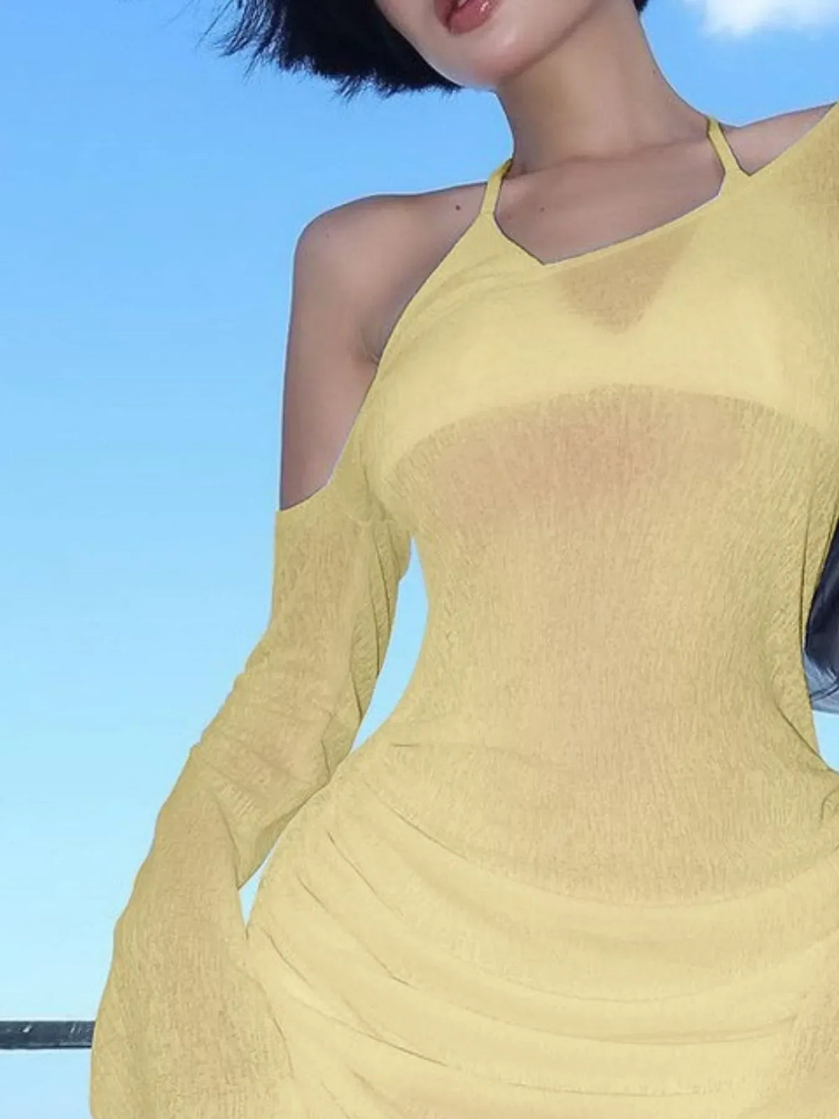 One-Shoulder Bell Sleeve Ruched Beach Cover-Up Dress