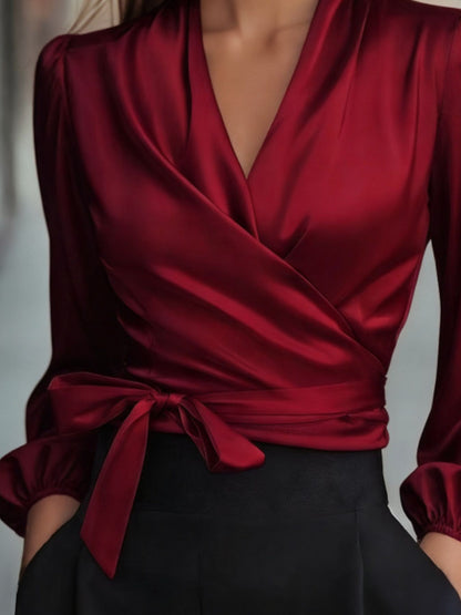 Satin Tie Waist Wrap Blouse