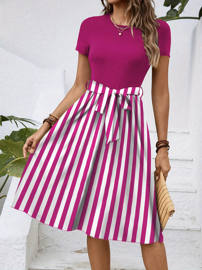 Striped Round Neck Short Sleeve Dress