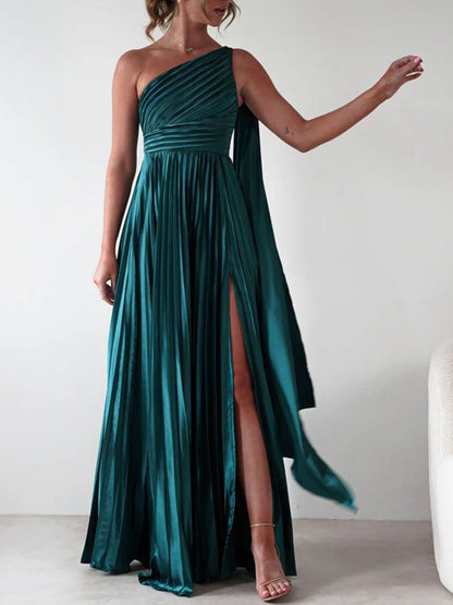 One-Shoulder Pleated Slit Dress